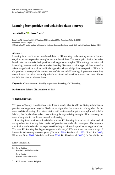 (PDF) Learning from positive and unlabeled data: a survey