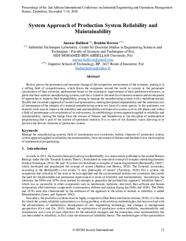 (PDF) System Approach of Production System Reliability and Maintainability