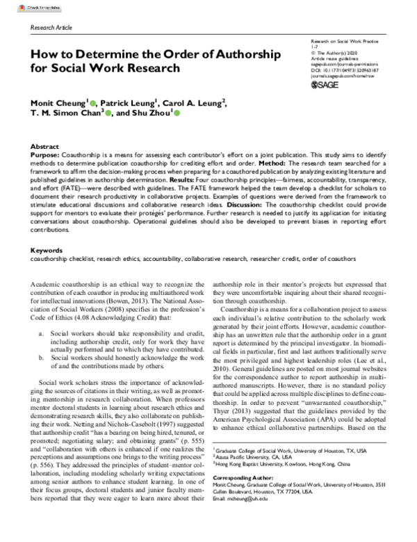 (PDF) How to Determine the Order of Authorship for Social Work Research