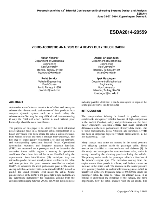 (PDF) Vibro-Acoustic Analysis of a Heavy Duty Truck Cabin