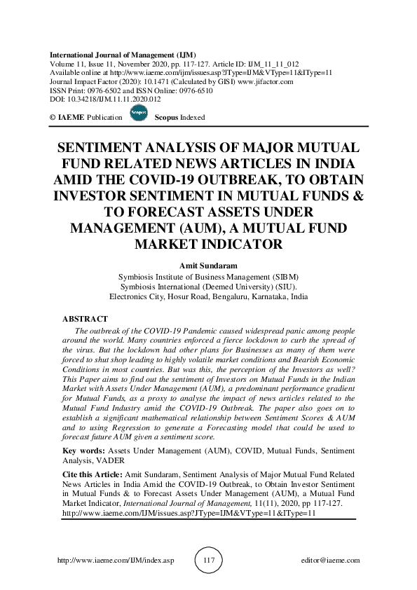 (PDF) SENTIMENT ANALYSIS OF MAJOR MUTUAL FUND RELATED NEWS ARTICLES IN ...