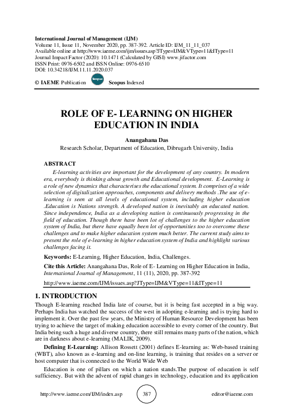 (PDF) ROLE OF E- LEARNING ON HIGHER EDUCATION IN INDIA