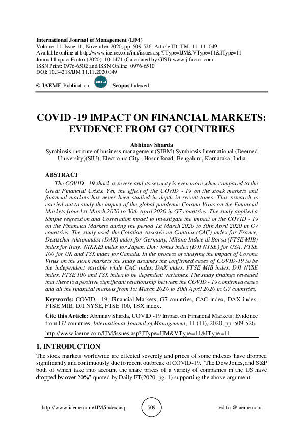 (PDF) COVID -19 IMPACT ON FINANCIAL MARKETS: EVIDENCE FROM G7 COUNTRIES