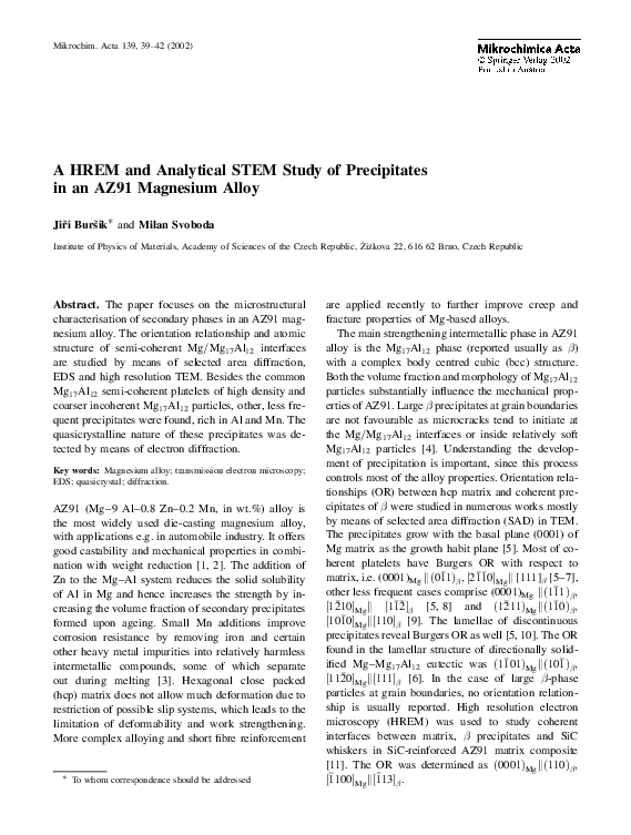 (PDF) A HREM and Analytical STEM Study of Precipitates in an AZ91 ...