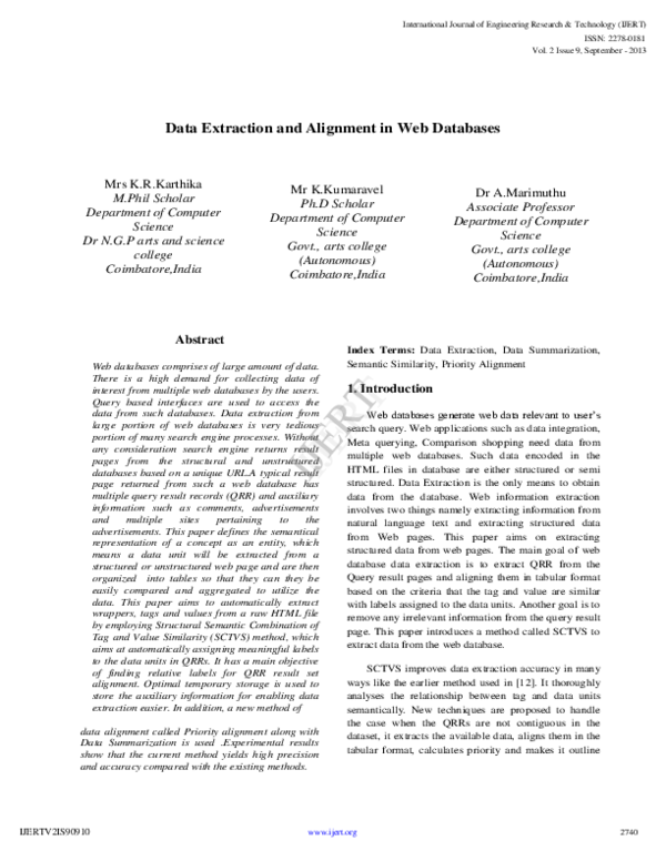 (PDF) Data Extraction and Alignment in Web Databases