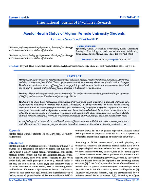 (PDF) Mental Health Status of Afghan female University Students