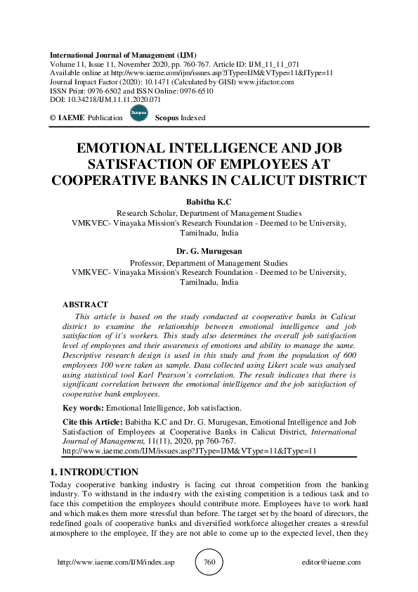 (PDF) EMOTIONAL INTELLIGENCE AND JOB SATISFACTION OF EMPLOYEES AT ...