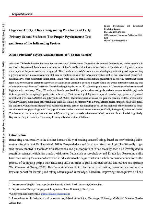 (PDF) Cognitive Ability of Reasoning among Preschool and Early Primary ...