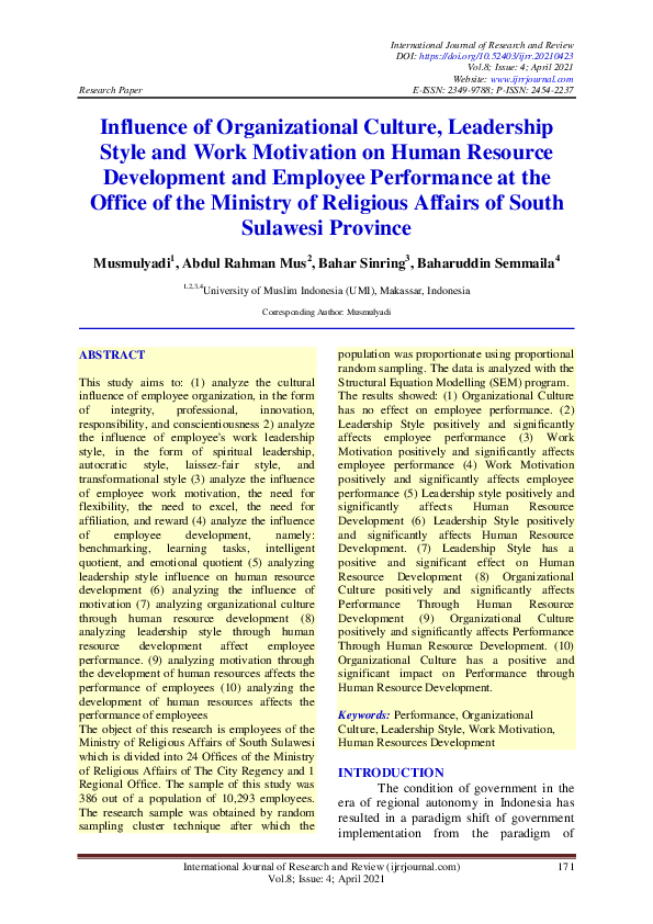 (PDF) Influence of Organizational Culture, Leadership Style and Work ...