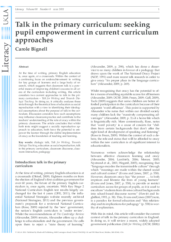 (PDF) Talk in the primary curriculum: seeking pupil empowerment in ...