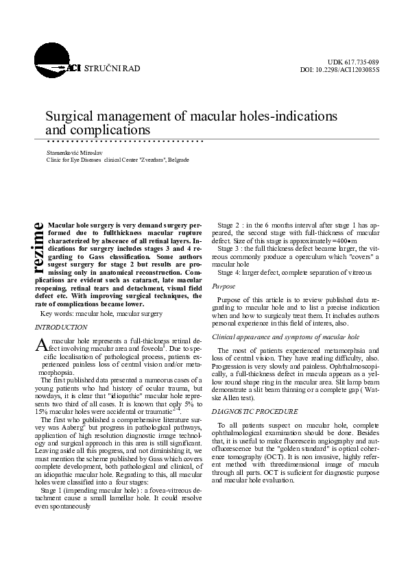 (PDF) Surgical management of macular holes-indications and complications