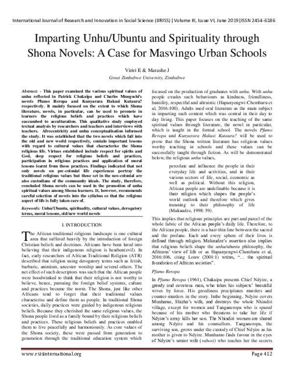 (PDF) Imparting Unhu/Ubuntu and Spirituality through Shona Novels: A ...
