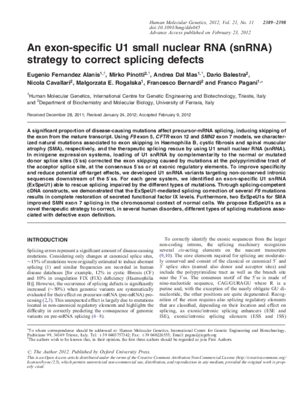 (PDF) An exon-specific U1 small nuclear RNA (snRNA) strategy to correct ...