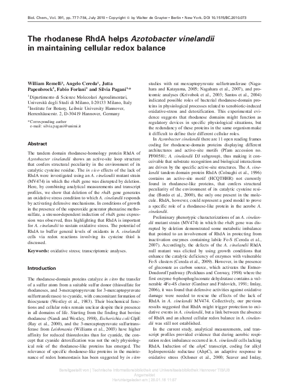 (PDF) The rhodanese RhdA helps Azotobacter vinelandii in maintaining ...