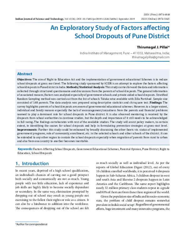 (PDF) An Exploratory Study of Factors affecting School Dropouts of Pune ...