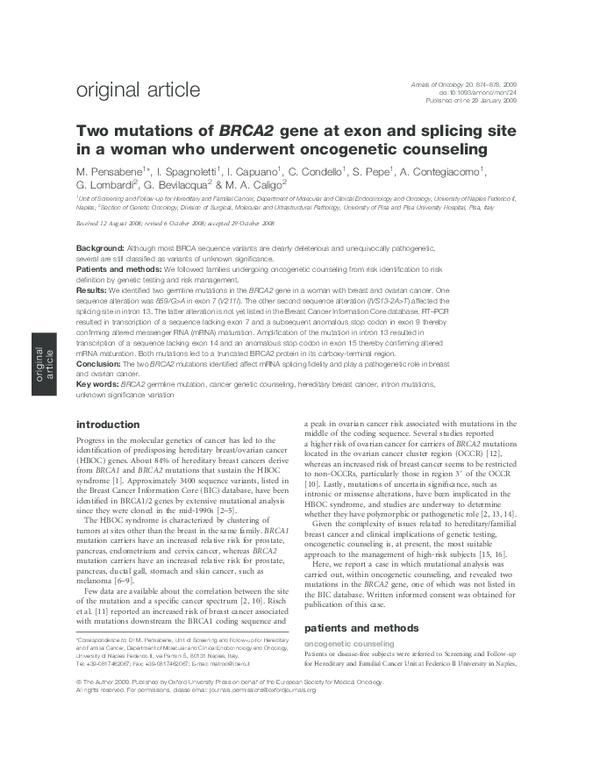 (PDF) Two mutations of BRCA2 gene at exon and splicing site in a woman ...