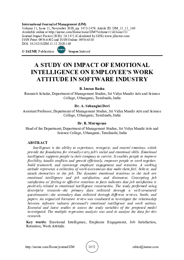 (PDF) A STUDY ON IMPACT OF EMOTIONAL INTELLIGENCE ON EMPLOYEE'S WORK ...