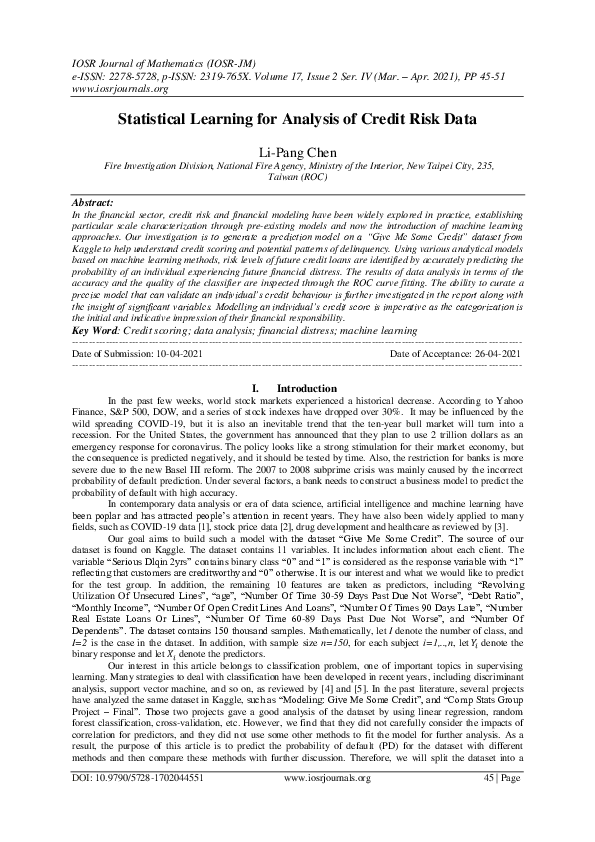 (PDF) Statistical Learning for Analysis of Credit Risk Data