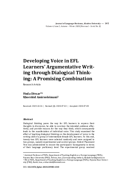 (PDF) Developing Voice in EFL Learners’ Argumentative Writing through ...