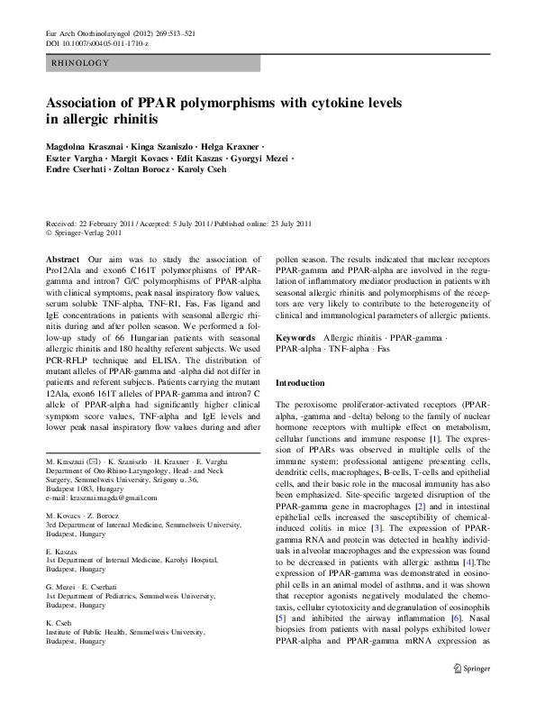 (PDF) Association of PPAR polymorphisms with cytokine levels in ...