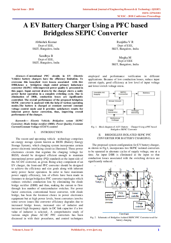 (PDF) IJERTA EV Battery Charger Using a PFC based Bridgeless SEPIC Converter IJERT Journal