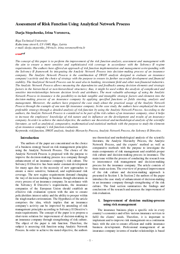  PDF Assessment Of Risk Function Using Analytical Network Process 