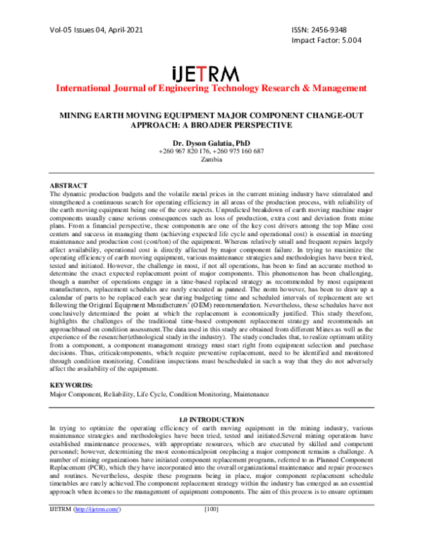 (PDF) MINING EARTH MOVING EQUIPMENT MAJOR COMPONENT CHANGE-OUT APPROACH ...