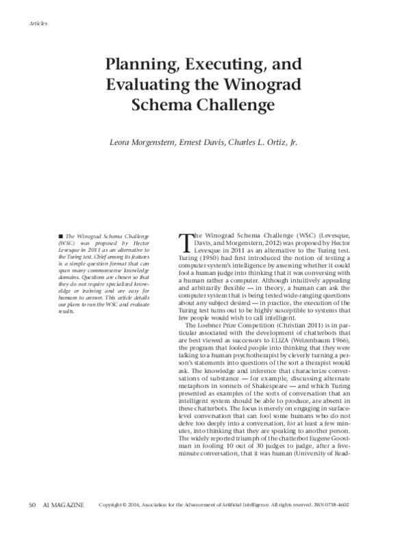 (PDF) Planning, Executing, and Evaluating the Winograd Schema Challenge
