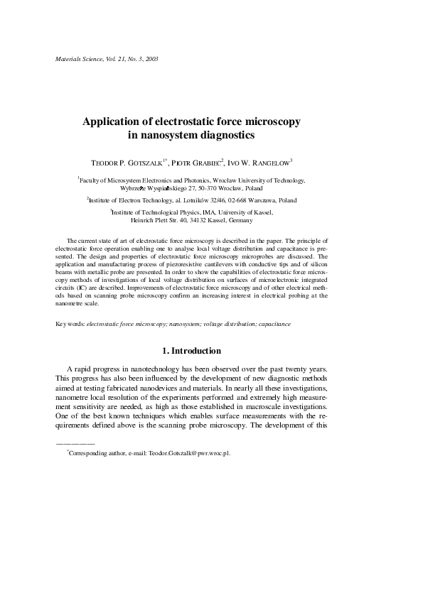 Pdf Application Of Electrostatic Force Microscopy In Nanosystem