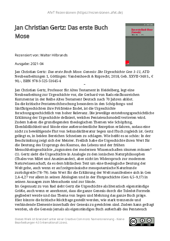(PDF) (Review of) Jan Christian Gertz: Das erste Buch Mose. Genesis ...
