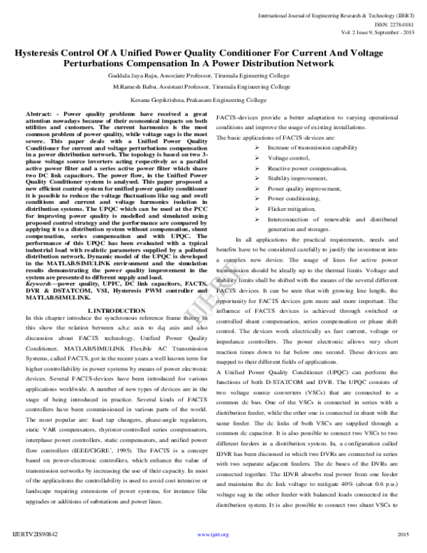 (PDF) Hysteresis Control Of A Unified Power Quality Conditioner For ...