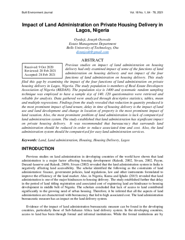 (PDF) Impact of Land Administration on Private Housing Delivery in