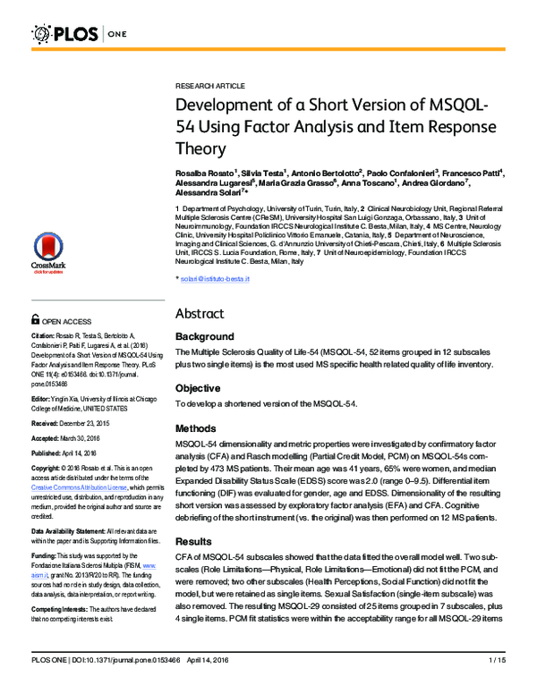 (PDF) Development of a Short Version of MSQOL-54 Using Factor Analysis ...