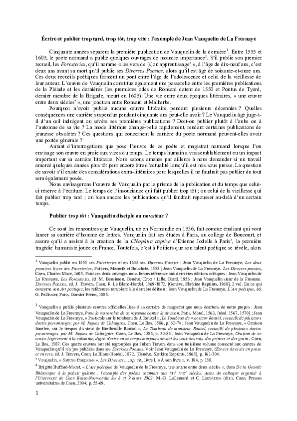 (DOC) Écrire et publier trop tard, trop tôt, trop vite l’exemple de