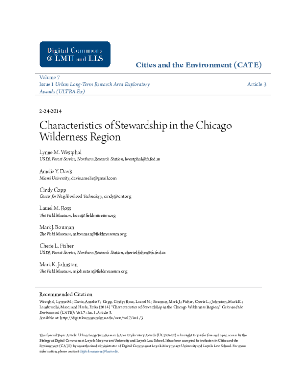 (PDF) Characteristics of stewardship in the Chicago Wilderness Region