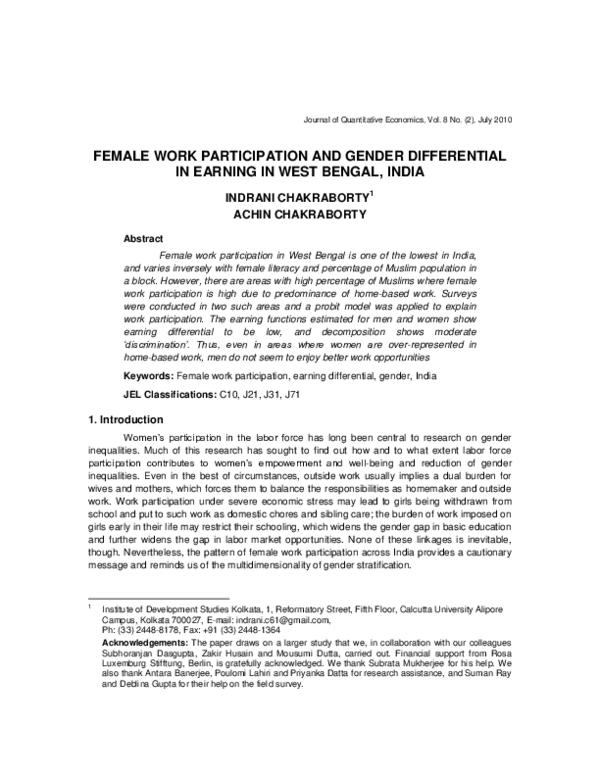 (PDF) Female Work Participation and Gender Differential In Earning In ...