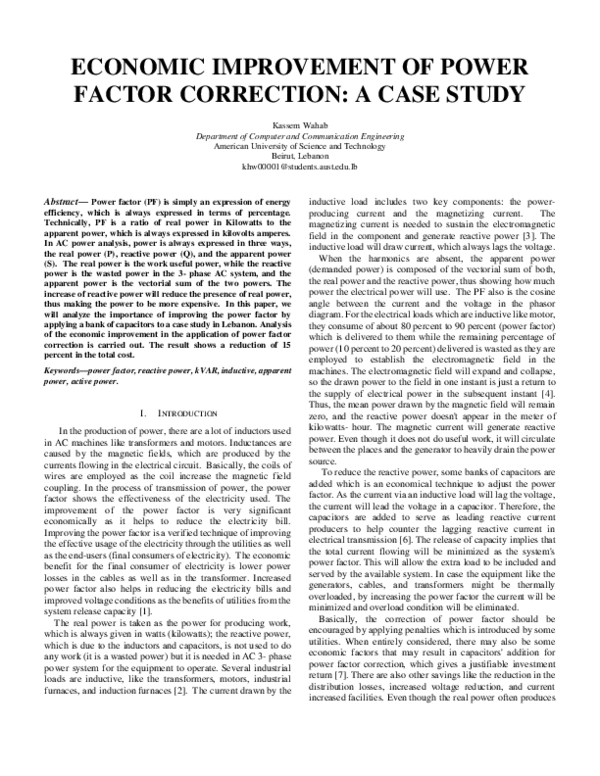 (PDF) ECONOMIC IMPROVEMENT OF POWER FACTOR CORRECTION A CASE STUDY