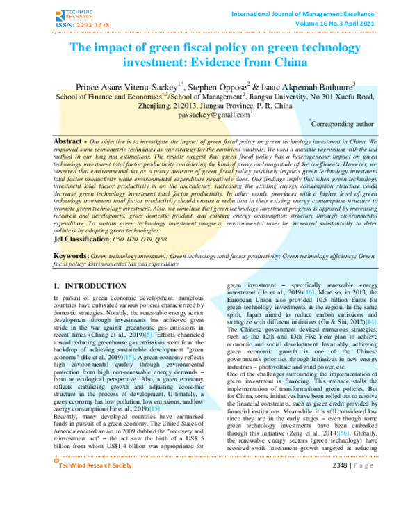 (PDF) The impact of green fiscal policy on green technology investment ...