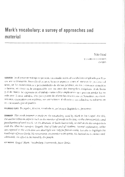 First page of “Mark's Vocabulary: A Survey of Approaches and Material”