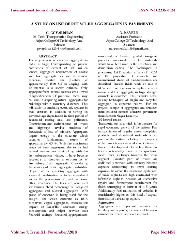 (PDF) A STUDY ON USE OF RECYCLED AGGREGATES IN PAVEMENTS