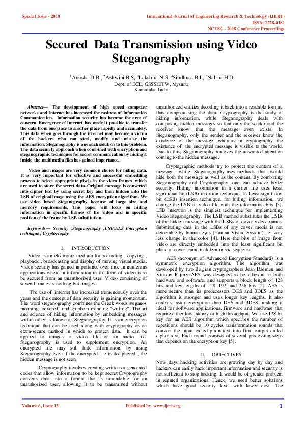 (PDF) IJERT-Secured Data Transmission using Video Steganography