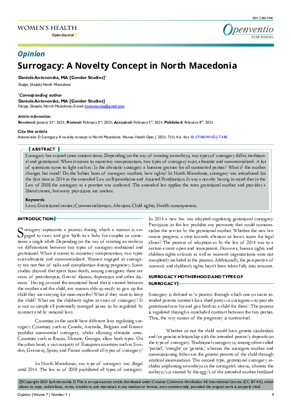 (PDF) Surrogacy A Novelty Concept in North Macedonia Women's Health