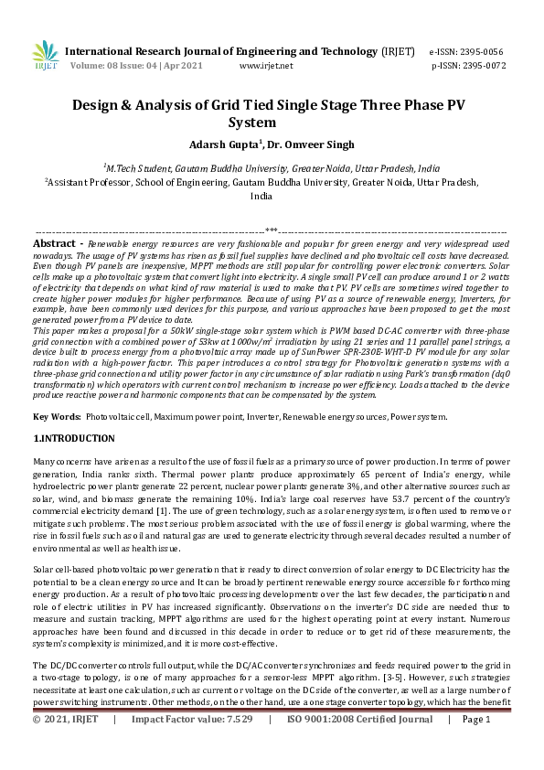 (DOC) Design & Analysis of Grid Tied Single Stage Three Phase PV System