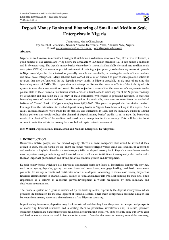 (PDF) Deposit Money Banks and Financing of Small and Medium Scale