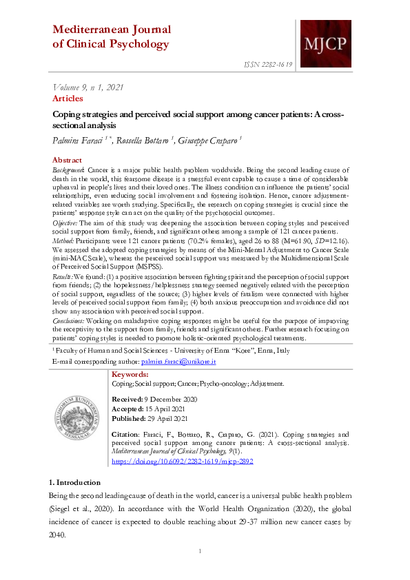 (PDF) Coping strategies and perceived social support among cancer ...