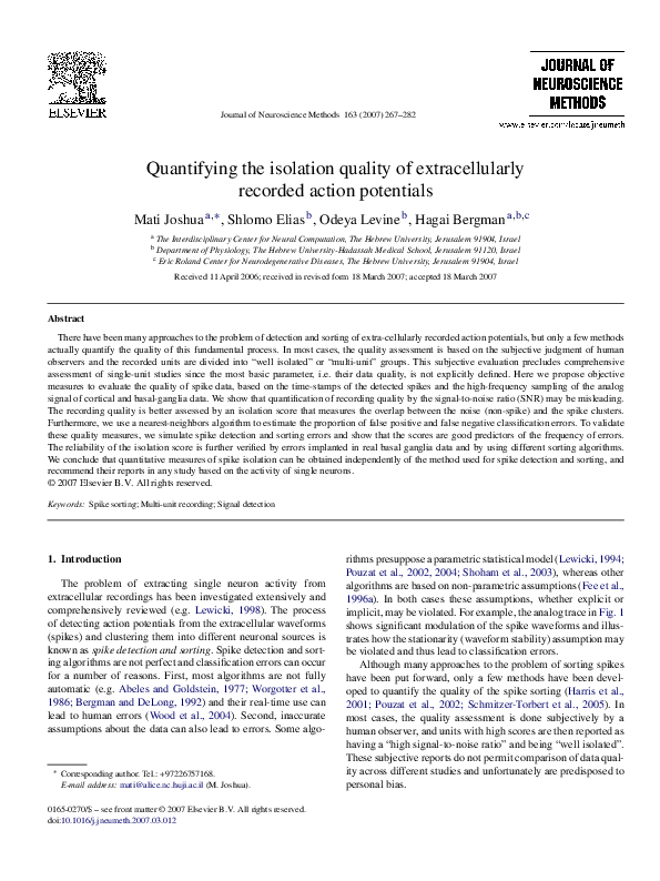(PDF) Quantifying the isolation quality of extracellularly recorded ...