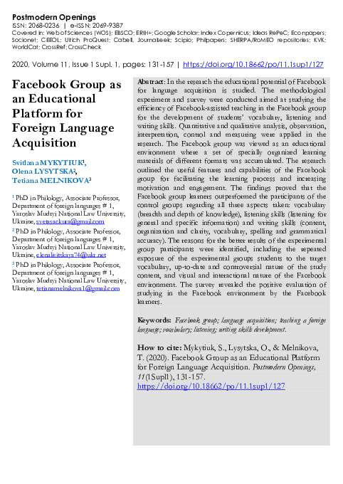(PDF) Facebook Group as an Educational Platform for Foreign Language ...