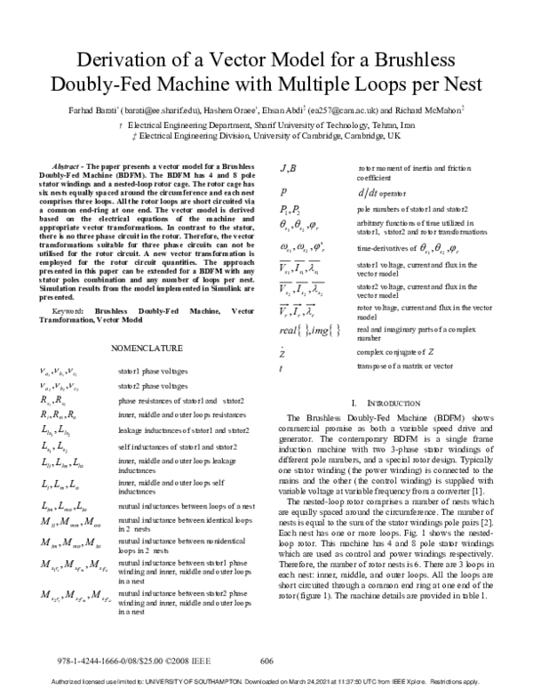 (PDF) Derivation of a Vector Model for a Brushless Doubly-Fed Machine ...