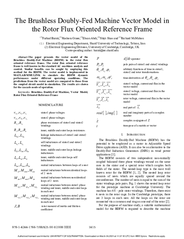 (PDF) The Brushless Doubly-Fed Machine Vector Model in the Rotor Flux ...