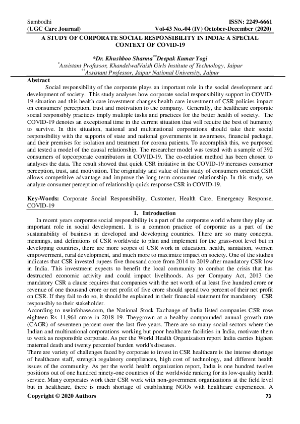 (PDF) A STUDY OF CORPORATE SOCIAL RESPONSIBILITY IN INDIA: A SPECIAL ...